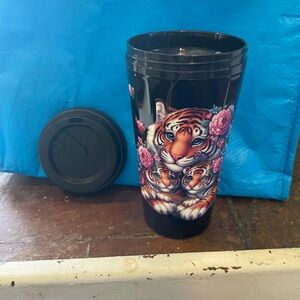 Black Travel Mug with Tiger and Floral Design